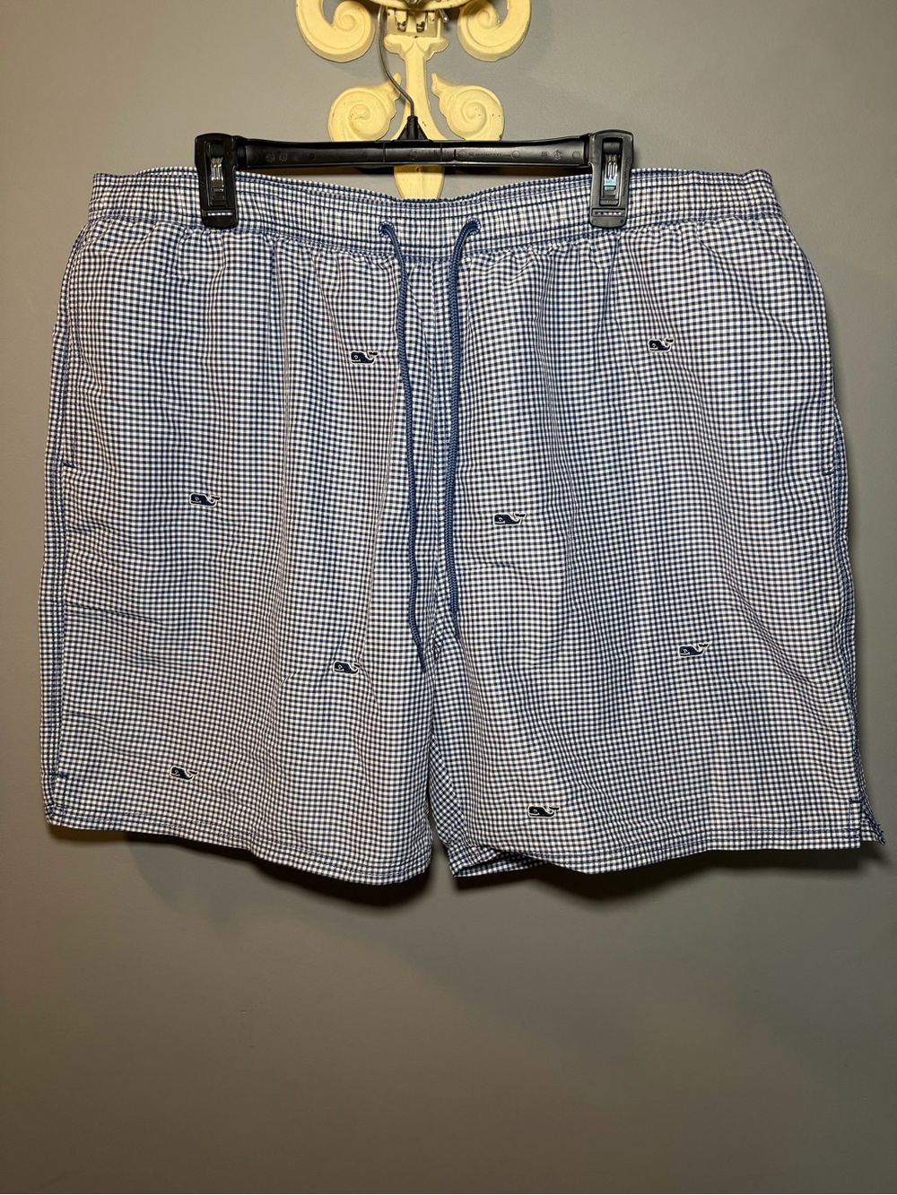Vineyard Vines Blue Gingham Whale Embroidered Swim Trunks